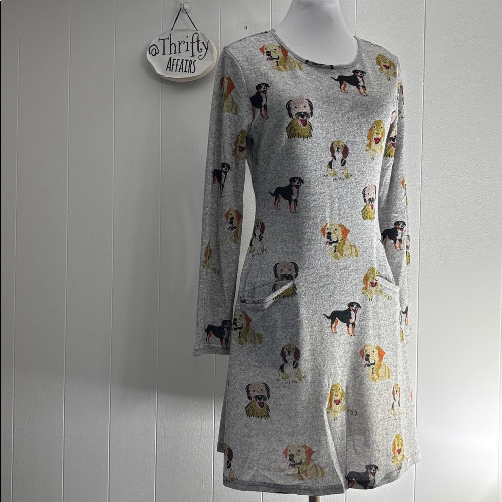 SM Wardrobe Grey Dog Print Skater Dress Small LS Pockets Soft Stretchy Knit- NWT